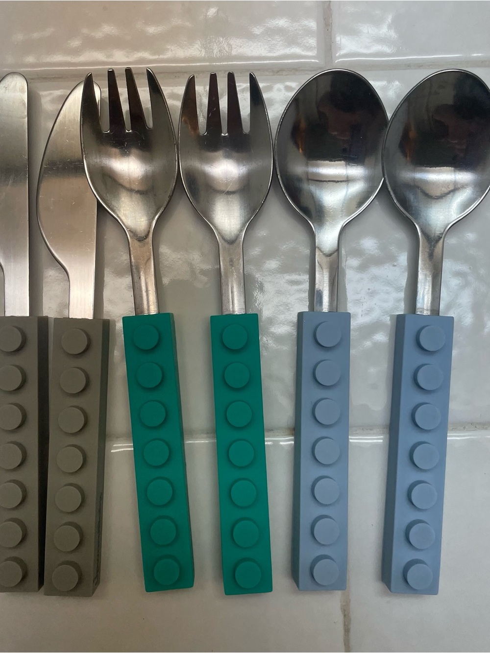Upward baby Colorful LEGO-Style Handle Flatware Set - Teal & Light Blue